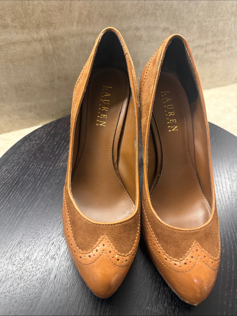 Ralph Lauren Brown Suede & Leather Brogue High Heels - Picture 2 of 6